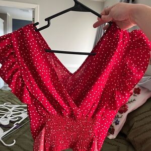 Chic Red Polka Dot Blouse with Ruffled Sleeves